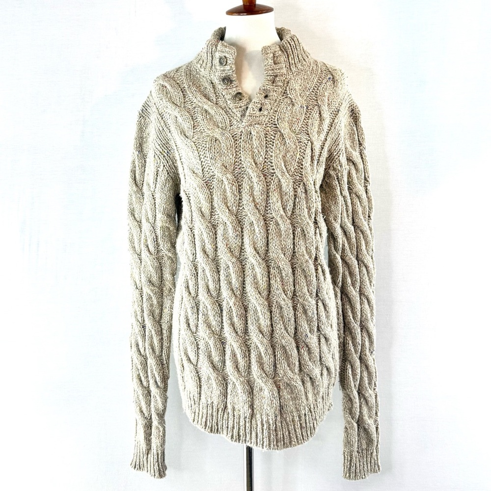 Sundance Beige Henley Cable Knit Wool Silk Cashmere Blend Sweater